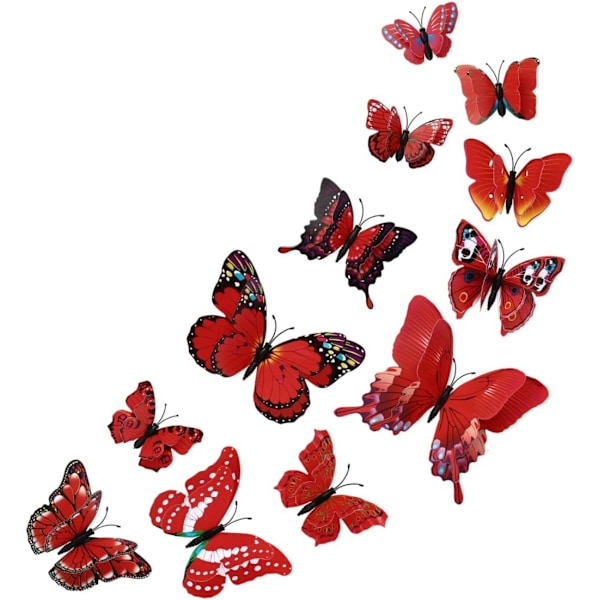 Removable 3D Butterfly Wall Decal Decoration (Double Layered - Red/12 Pieces)