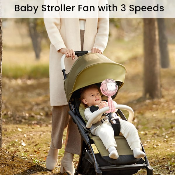 Barnvagnsfläkt klämma på barnvagn, baby barnvagnsfläkt, mini bärbar barnvagnsfläkt med nattljusklämma USB uppladdningsbar handhållen fläkt, 3 hastigheter (rosa) pink
