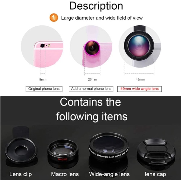 Mobiltelefonobjektiv 0,45X vidvinkelobjektiv og 12,5X makro HD Clip-on kameraobjektiv Universal til iPhone Samsung og det meste af Android Smartphone