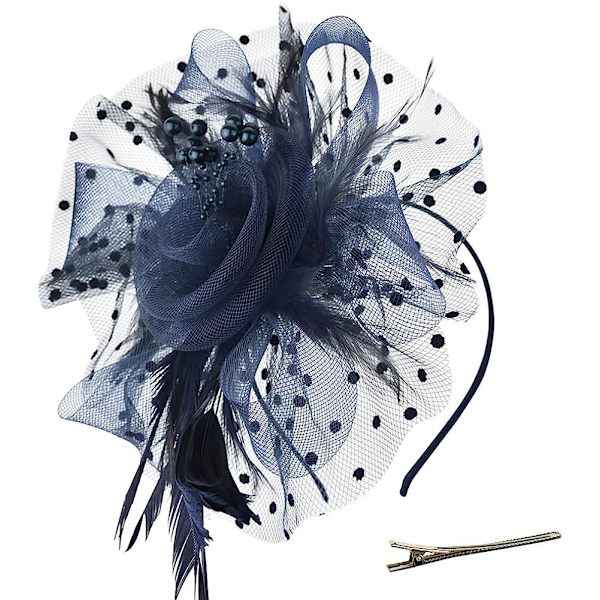 Fascinator hatt, blommor, nätband och fjädrar på ett delat klämhuvudband, cocktail- och tebjudningshuvudbonad för flickor och kvinnor