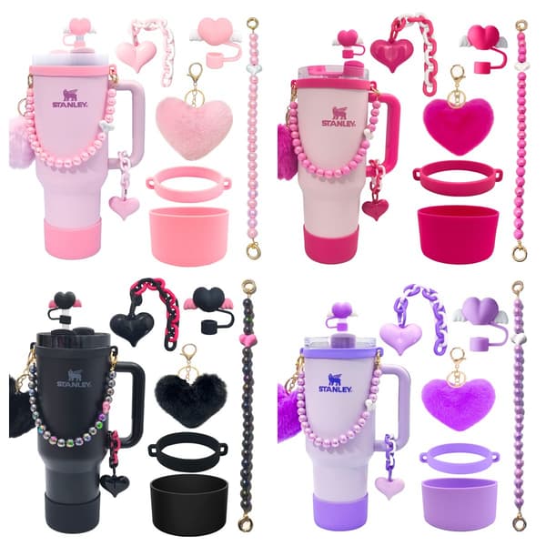 Vattenkoppstillbehörsset, pärlkedja, bärrep, begonia-blomsterstråhatt, silikonkoppshylsa & pompom-hänge Black diamond chain 7-piece set