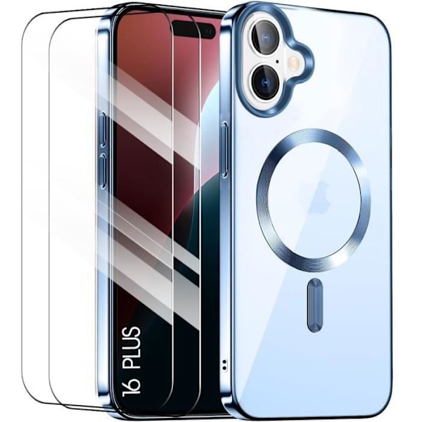 Silikonetui til iPhone 16 Plus med magnetisk ring + 2 hærdede glas, transparent beskyttelse Blå kant