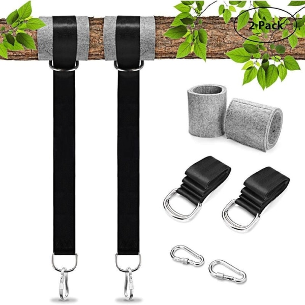 Tree Swing hengesett (2 pakke) Holder 5 fot stropper + 2 trebeskyttere + 2 karabinkroker, enkelt oppsett for enhver huske eller hengekøye (svart)