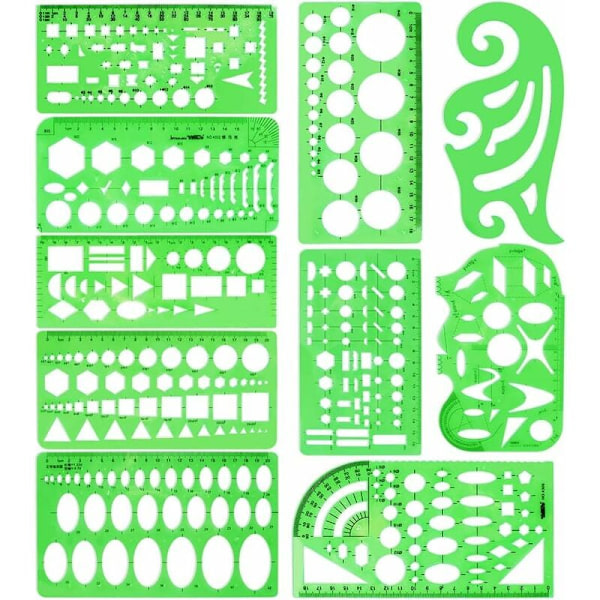 10 stk. Plast Måleskabeloner Runde Skabeloner Geometriske Tegne Konstruktions Skabeloner Lineal Opret klare linealer til suiter og grønne kontorer.