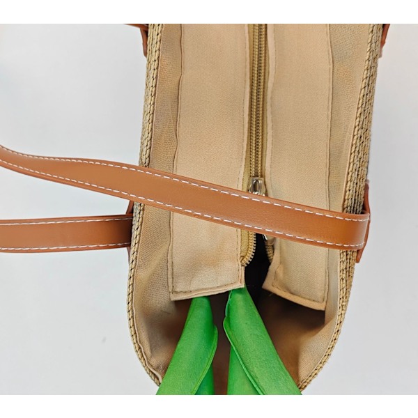 Stråväska för damer, handvävd handväska, lämplig för sommarsemester, strandresor och vardagsbruk (khaki svarta ränder) Khaki Black Stripe
