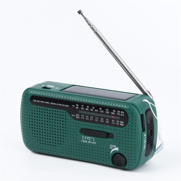 AM/FM/SW1/SW2 Handvev & Solcellsradio, Batteridriven Radio med LED-ficklampa, Solcellsradio