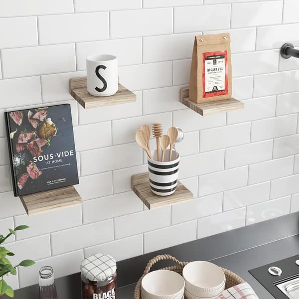 Små flytande vägghyllor 4-pack 13 × 13 cm – Rustika trähyllor för sovrum, vardagsrum, kök och badrum vit white