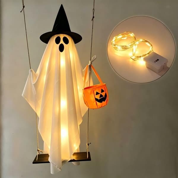 1,5M Hængende Græskar Gynge Spøgelse med Troldmandshat Halloween Udendørs Dekoration (without lights)