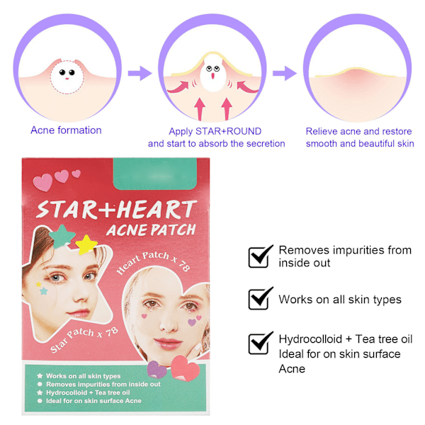 156 stk. Hydrocolloid Pimples Healing Patches Hjerte- og Stjerneformet Forhindrer Betændelse Pimples Dæk Stickers