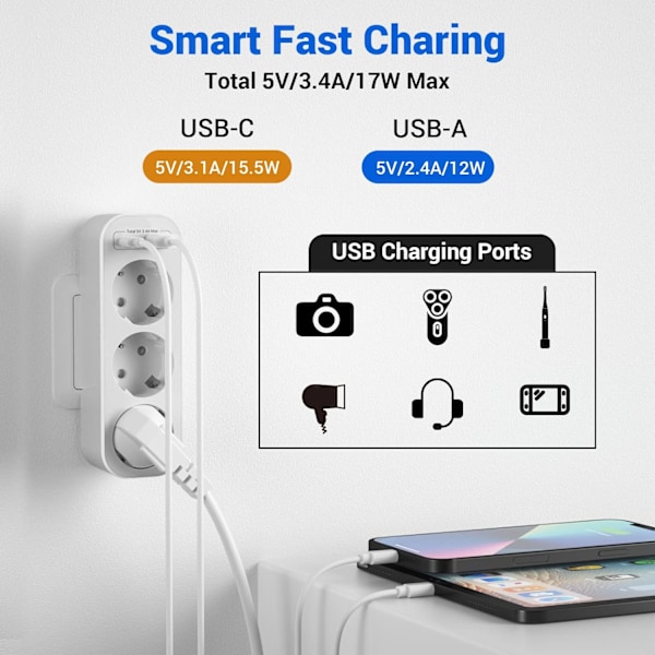 Strømadapter med 2 USB-ladere, trippel stikkontakt, vegglader, flere stikkontakter, hvit