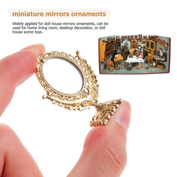 Sett Mini House Mirrors Dukkehus Miniatyrer Barn late som sminkespeil dekorasjon (4X2.5X1.5，Gyldent）