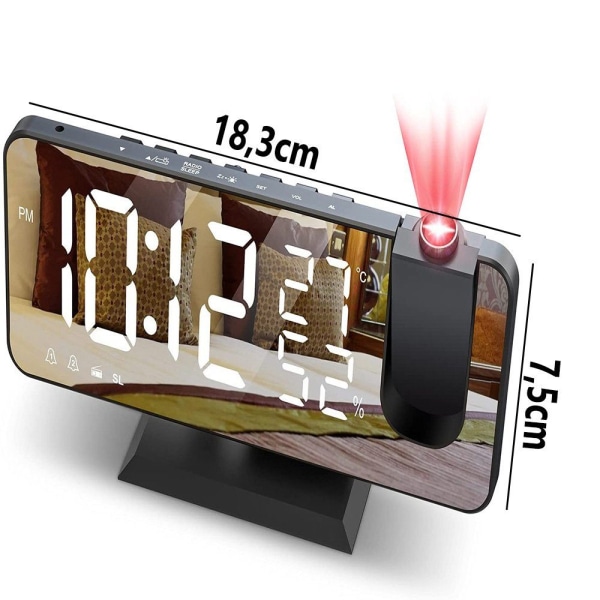Takprojektionsväckarklocka, digital klockradio med 180