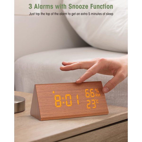 Väckarklocka digital klocka trä, bordsklocka digital med datum/temperatur, för sängbord, sovrum, barn vid sängen och kontor - svart