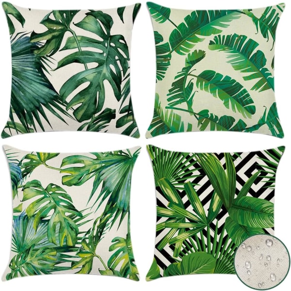 Set med 4 (45 x 45 cm - Tropiska växter 01) Vattentäta utomhuskuddar