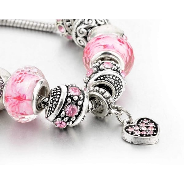 Pink Hearts Sølvbelagte charmearmbånd til kvinder og teenagepiger, smykkegavesæt med perler og slangekædeforlænger, justerbart armbånd.