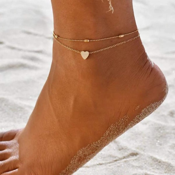 Layered Anklet Heart Hänge Anklets Kedja Sand Beach Bead Foot Armband Smycken Tillbehör för kvinnor och flickor Födelsedagspresent (guld)