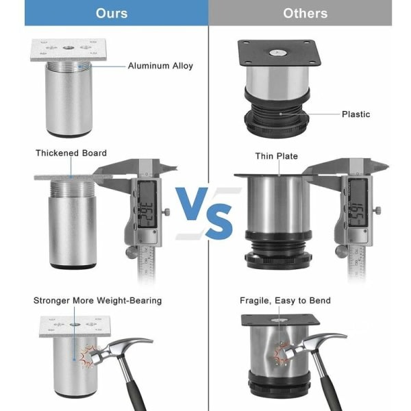 Justerbare møbelben Kabinetfødder Aluminiumslegering Sofa Hylde Belastning 50kg 60mm Pakke med 4