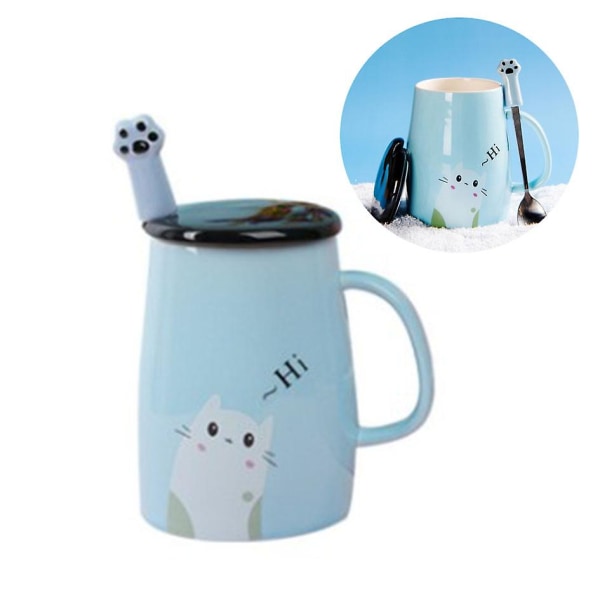 Søt kattekrus Keramisk kaffekrus med kitty rustfri stålskje, blå
