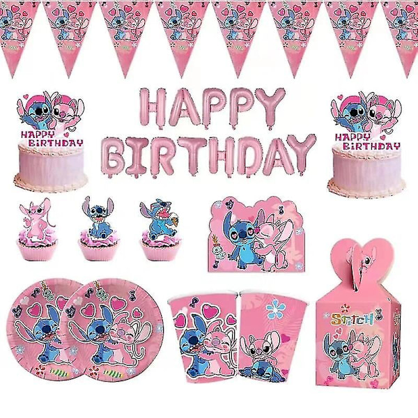 Vaaleanpunainen Stitch -syntymäpäiväjuhlakoriste Lilo ja Stitch -teemaiset astiat Enkeli-ilmapallot Lautaset Kupit Tarvikkeet Lapsille Tytöille Korkealaatuiset