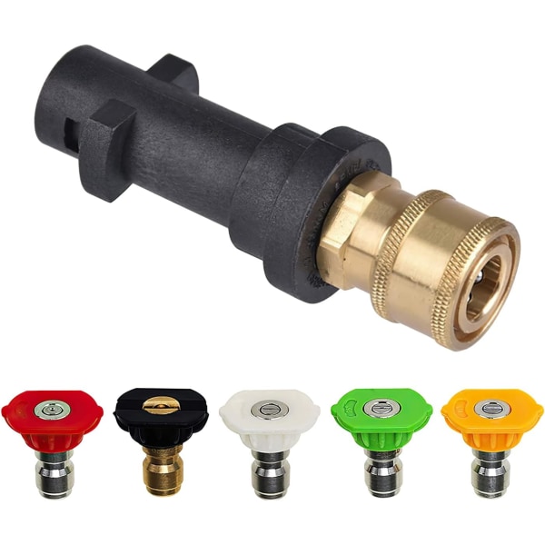 Trykkvaskadapter for Karcher K2 K3 K4 K5 K6 K7, Karcher hurtigkoblingsadapter med 5 kraftdysetips i flere grader, 1/4' 2,5 GPM 3000 PSI