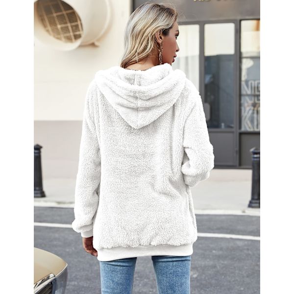 Dame Hoodie Teddy Fleece Trøje Efterår Vinter White XL