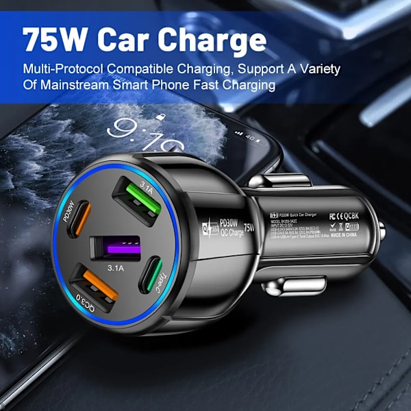 Port 75W USB Bil Lader Type C Bil Lader Hurtig Lading PD QC3.0 Telefonlader i Bil For iPhone Xiaomi Huawei Samsung black