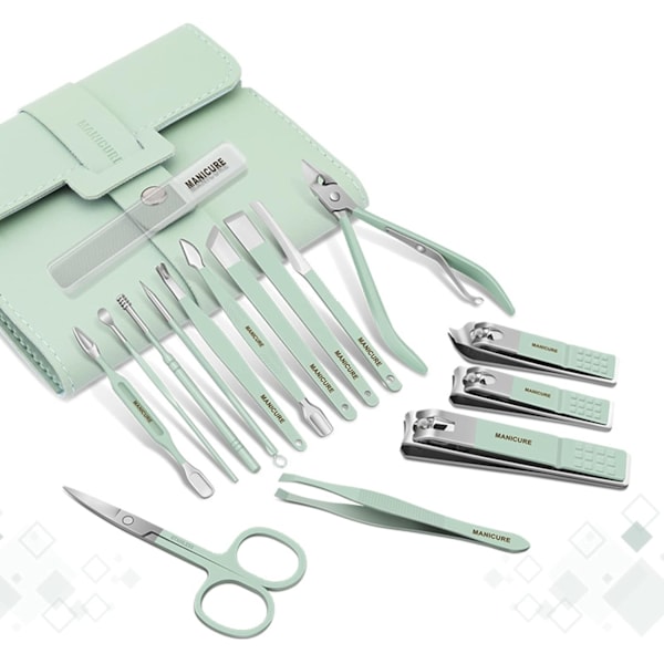 Negleklipper Bærbart Sæt - Manicure Sæt Rustfrit Stål Negleklipper Sæt Med Sammenfoldelig Taske Manicure Cutter Kits(16PCS/SÆT, Grøn)