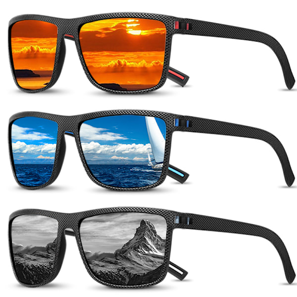 Polariserade solglasögon för män, lätta solglasögon med UV-skydd för bilkörning, fiske, golf (3-pack) Svart/Isblå/Röd