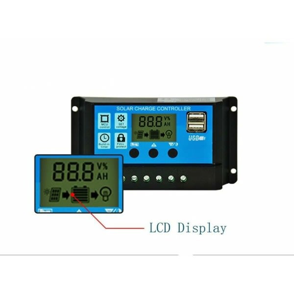 12V/24V 20A Solcellepanel Ladekontroller LCD-skjerm PWM USB-port