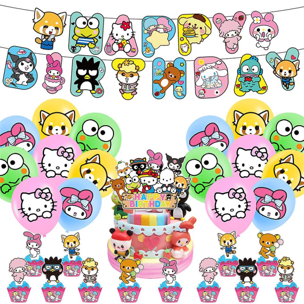 Sanrio-tema Barn Jenter Bursdagsfestutstyr Ballonger Bannerkake Cupcake Toppers Sett Kit