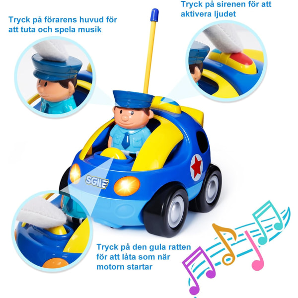 RC politi tegneseriebil med lyd og lys, Leke for baby fjernkontroll bil leketøy bursdagsgave for småbarn