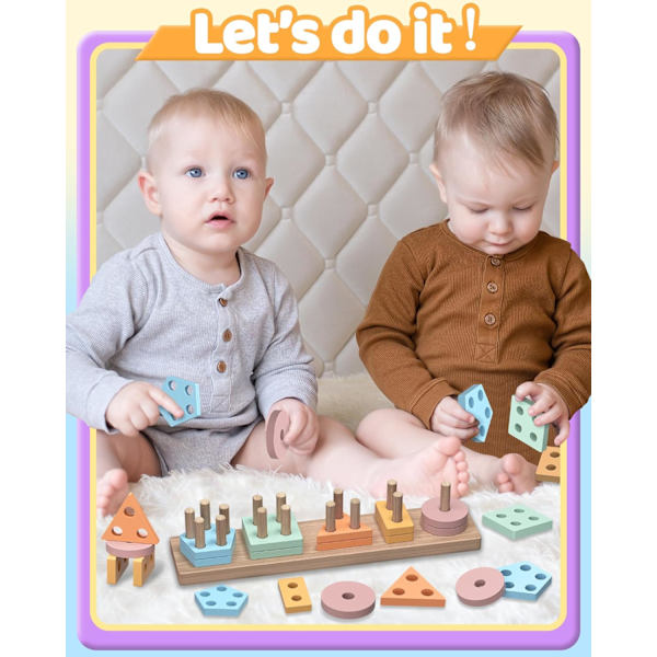 Montessori-lelut 1-2 vuotiaille tytöille ja pojille, koulutuspalapelit puuleluille 1-3 vuotiaille, pinoamispalikat taaperoille 1-3 - Kahvi Brown