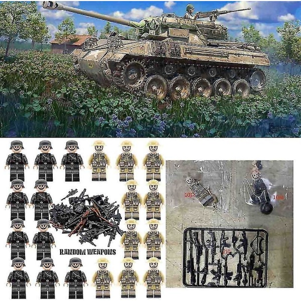 20 soldater + vapen minifigurer WW2 set, armévapen