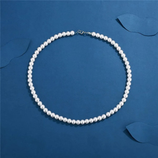 Hvit perle halskjede enkelt lag 8mm imitert perle halskjede for menn (50cm)
