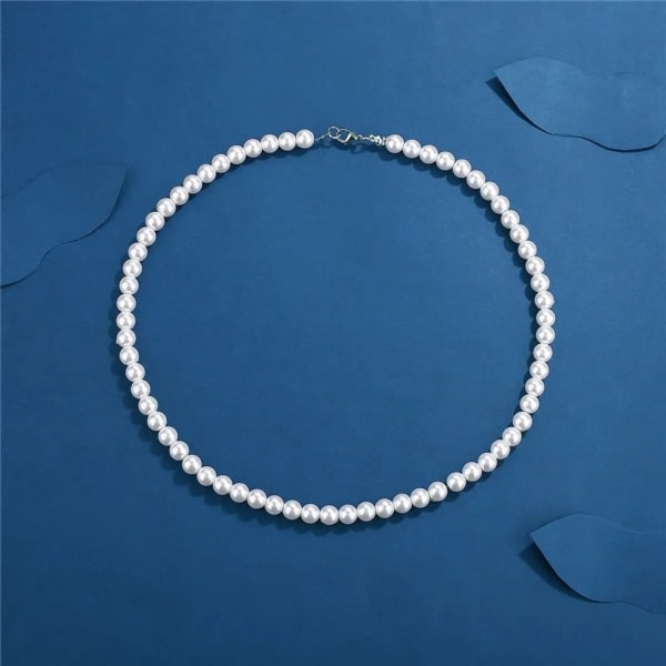 Vitt pärlhalsband Enkellager 8 mm imiterat pärlhalsband för män (50 cm)