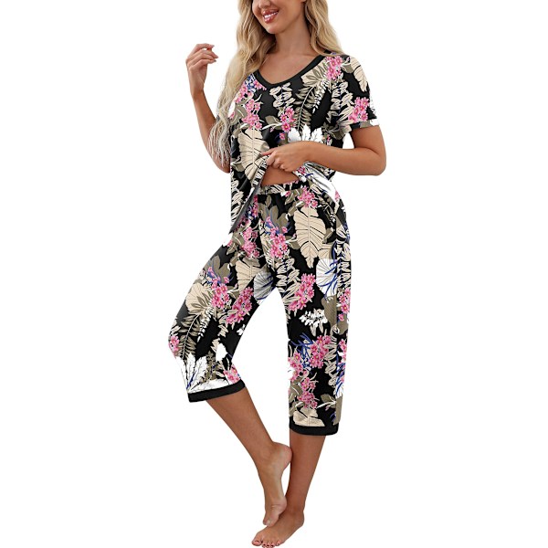Naisten pyjama, lyhythihainen T-paita ja pitkät pyjamahousut Pink L
