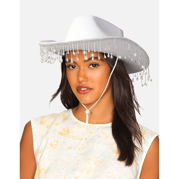 Hvid cowboyhat til kvinder, med skinnende rhinestone-frynser