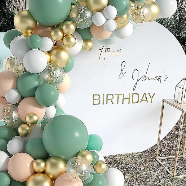 Ballonggarland födelsedagsfestdekorationer - 117 Latex macaronballonger, grönt vitt och guld, konfettiballonggirland, ballong