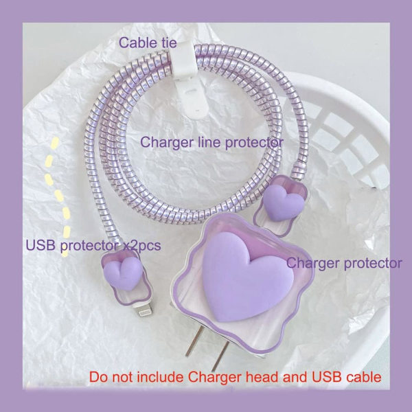 18W 20W Hjärtformad Skyddande Datakabel USB-Laddare Linje Hörlurskabelskydd Organizer Kompatibel med iPhone 11 12 13 14 15 Pro Max (Love Purple)