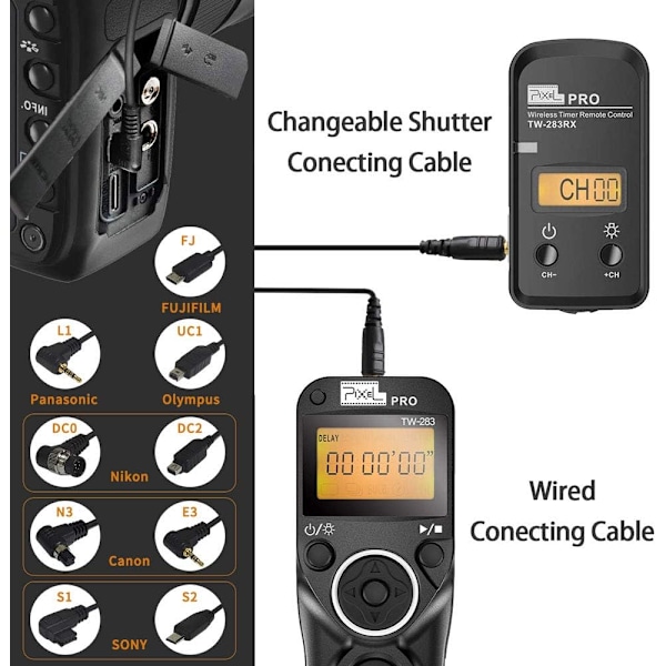 TW-283 DC2 Digital Trådlös Fjärrkontroll Intervalltimer Kabel Trigger Fjärrutlösare med Timer för Nikon Kameror