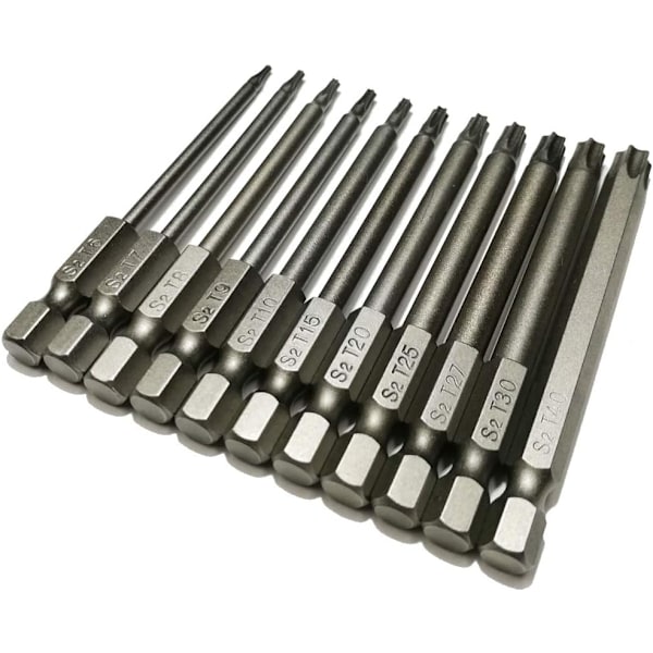 Sikkerhets Torx Bits 11 stk 1/4 tomme Hex Drive T6 T7 T8 T9 T10 T15 T20 T25 T27 T30 T40 3 tommer Lengde S2 Stål Skrutrekker Bor Bit Sett (11 stk 75mm)