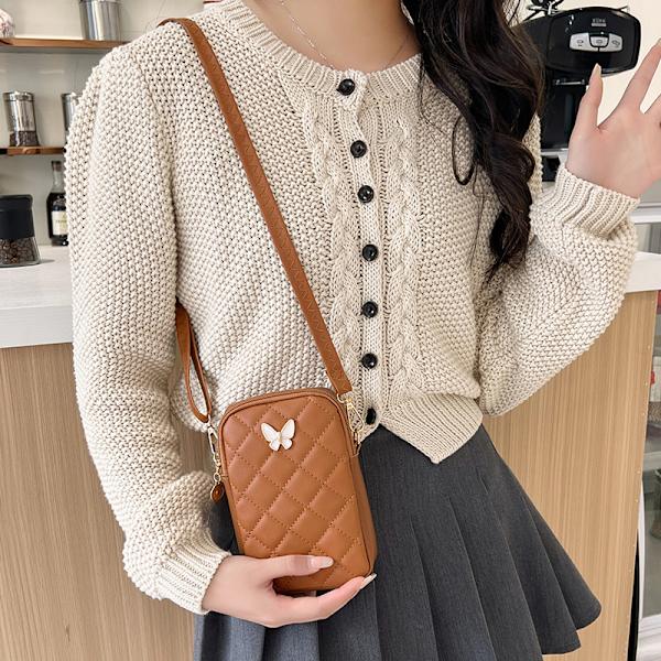 PU-läder axelväska broderade mobiltelefonfodral Brown