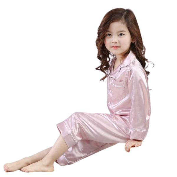 Pyjamas långärmad set för barn, silkepyjamas med knäppning, set rosa pink 140cm