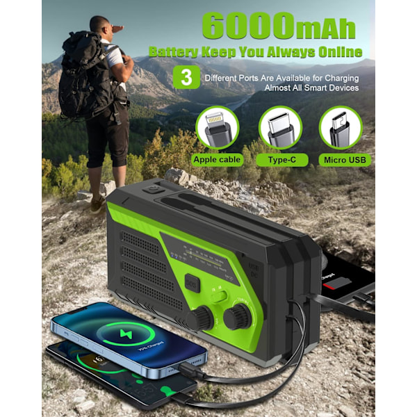 6000mAh Vev Radio, Nödradio, Handvevradio med 4 Inbyggda Kablar, AM/FM Radio