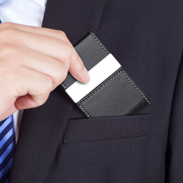 Visitkortshållare | Kreditkortshållare i PU-läder Smal ID- case i rostfritt stål för män/kvinnor | Dubbelt öppet magnetiskt spänne (svart)