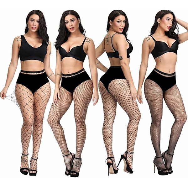 4-pak Plus Size Fiskenet Strømper, Sorte Fiskenet Strømpebukser Lårhøje Strømpebukser