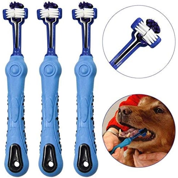 Tandborste för sällskapsdjur - Tandborste med tre huvuden - Veterinärer och frisörer rekommenderas (blå)