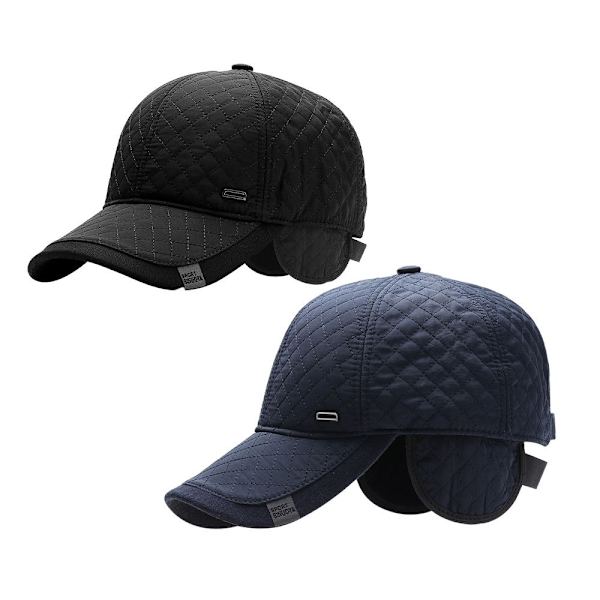 2 stk. Mænds Midaldags Cap med Vindtæt Øreklapper SORT&BLÅ - Perfet black&blue
