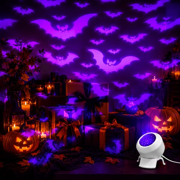 Dynamisk fladdermusprojektorlampa USB-driven 360 roterbar projicerar lila fladdermusväggmönster för sovrum vardagsrum skräckfester Halloween-dekor Bat
