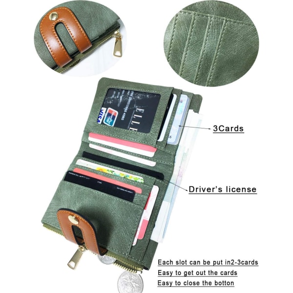 Damplånböcker Liten Rfid Bifold-plånbok för damer med myntficka med dragkedja, Miniplånbok Mjuk Kompakt Tunn (grön)